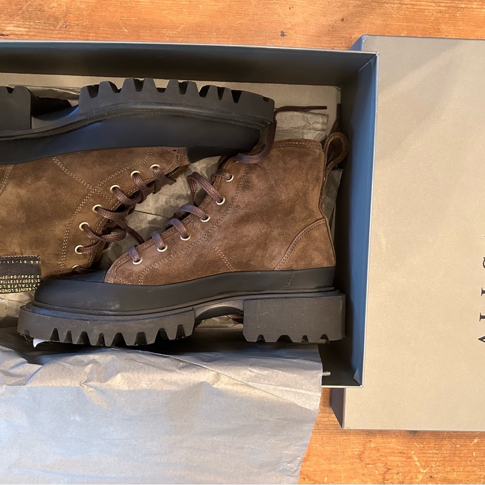 NWT All Saints Myla suede boot in olive/brown with black trim - Picture 7 of 13
